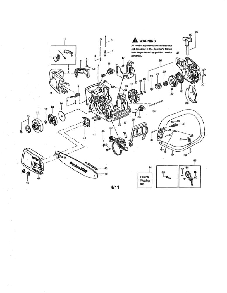 Chassis/Bar/Handle Diagram and Parts List for PP3816AV TYPE 3 Poulan Chainsaw