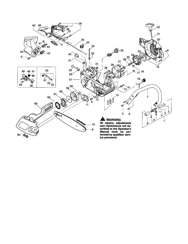 Chassis/Bar/Handle Diagram and Parts List for 220 TYPE 1-3 Poulan Chainsaw