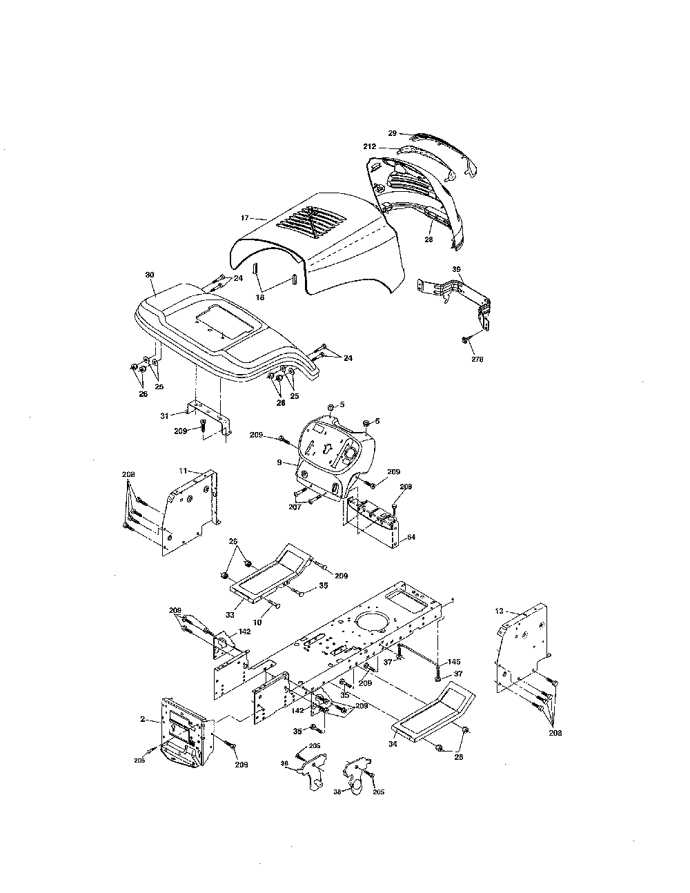 Chassis Diagram and Parts List for 96016001800  Poulan Lawn Tractor