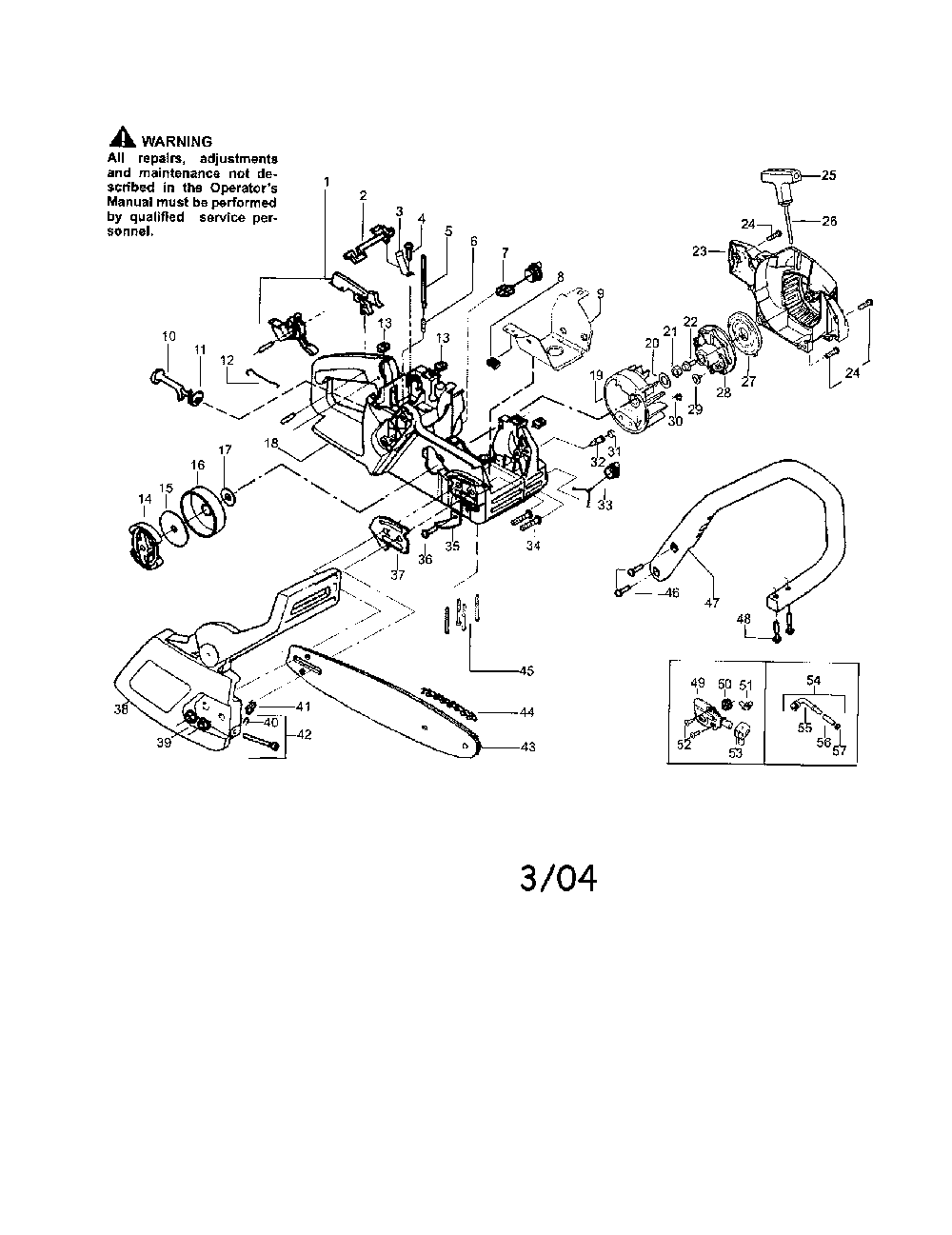 Chain/bar/handle/fan housing Diagram and Parts List for PATRIOT 1900LE Poulan Chainsaw