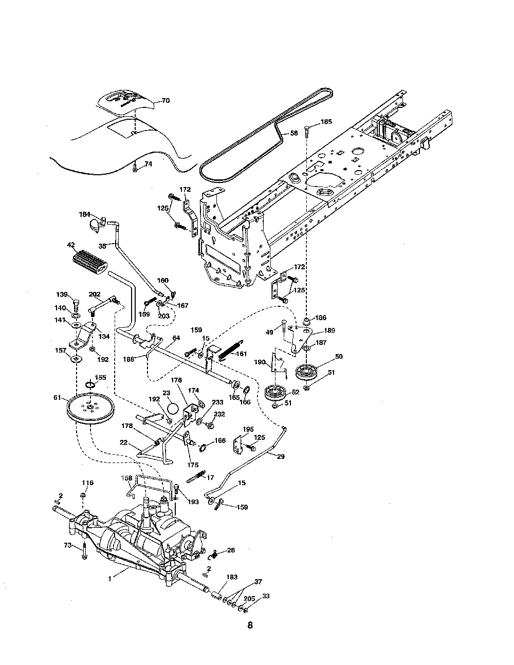 Drive Diagram and Parts List for PP175G42-96046007500  Poulan Lawn Tractor
