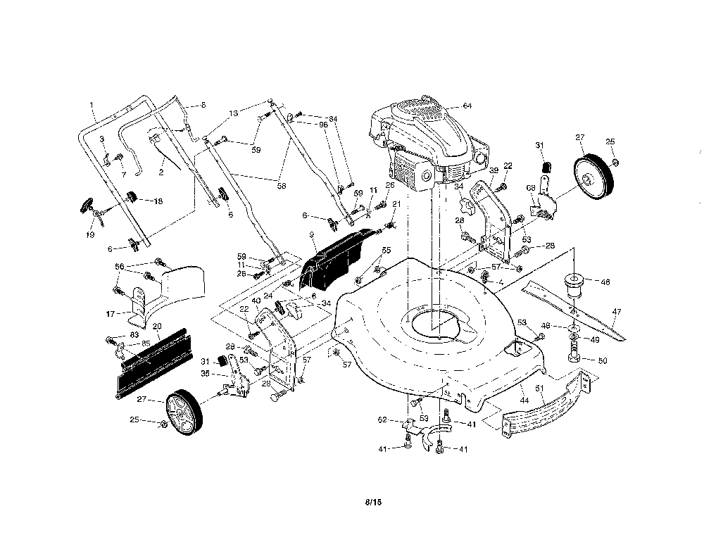 Engine/housing/handle Diagram and Parts List for 44761  Poulan Lawn Mower