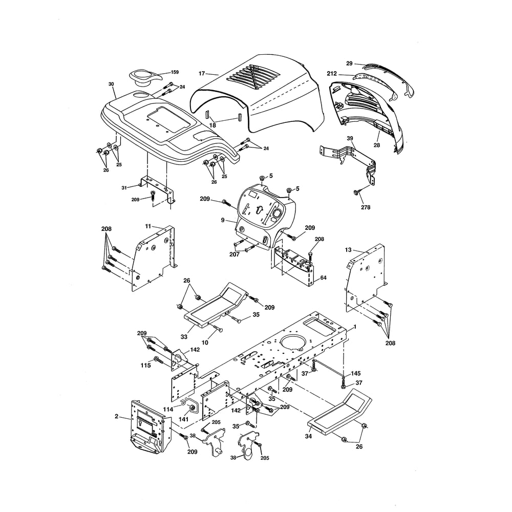 Chassis/Enclosures Diagram and Parts List for PXT175G42 96016002400 Poulan Lawn Tractor