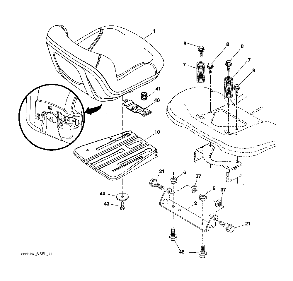 Seat assembly Diagram and Parts List for 96042016701  Poulan Lawn Tractor
