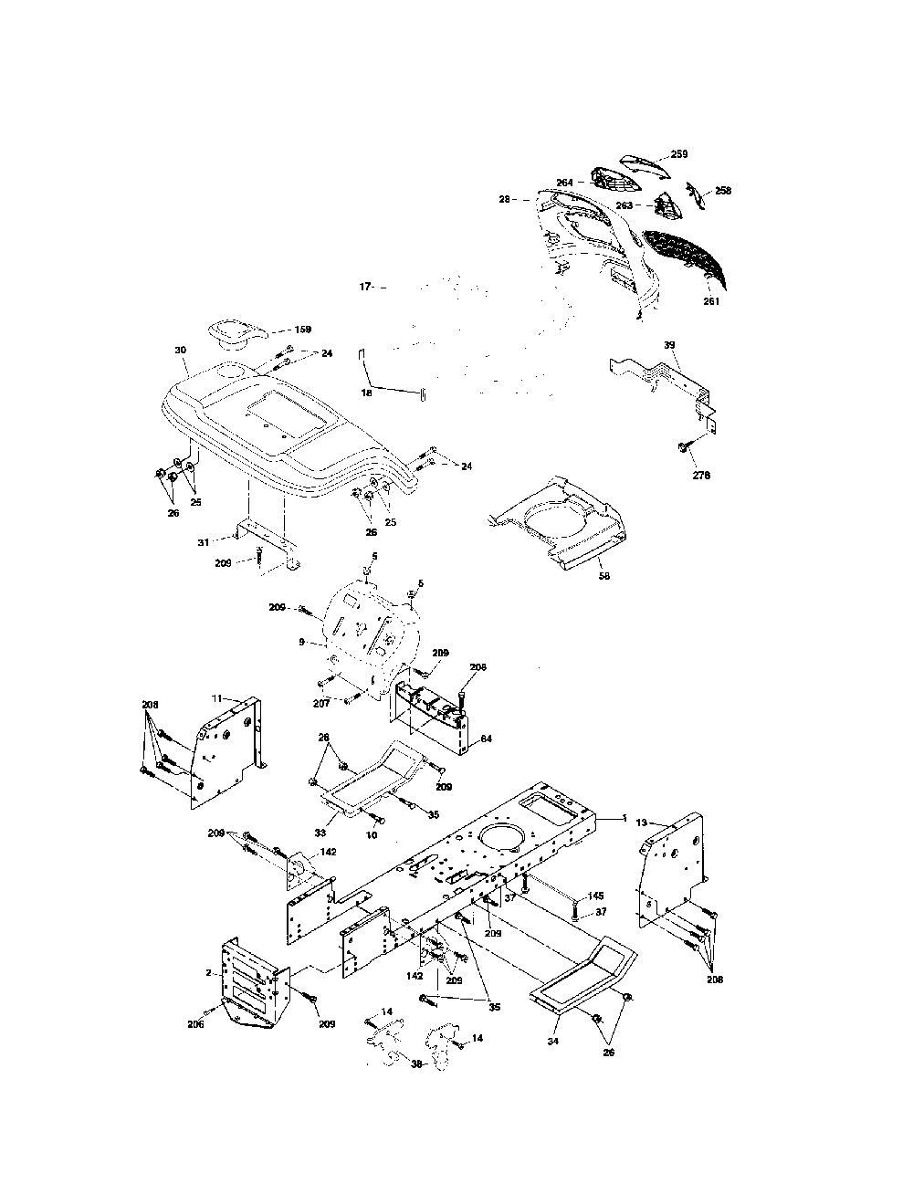 Chassis Diagram and Parts List for 96012001601  Poulan Lawn Tractor