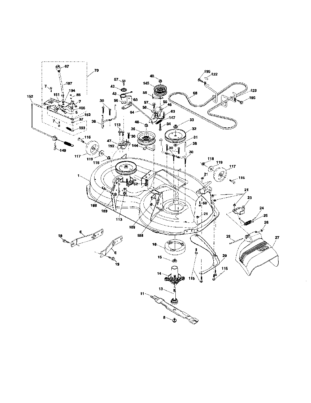 Mower deck Diagram and Parts List for 96042002700  Poulan Lawn Tractor