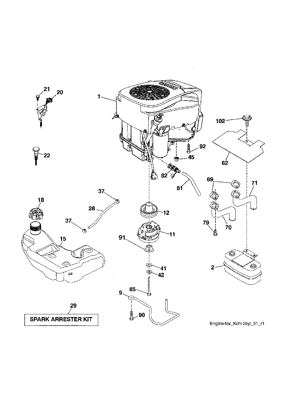 Engine Diagram and Parts List for 96042019300  Poulan Lawn Tractor