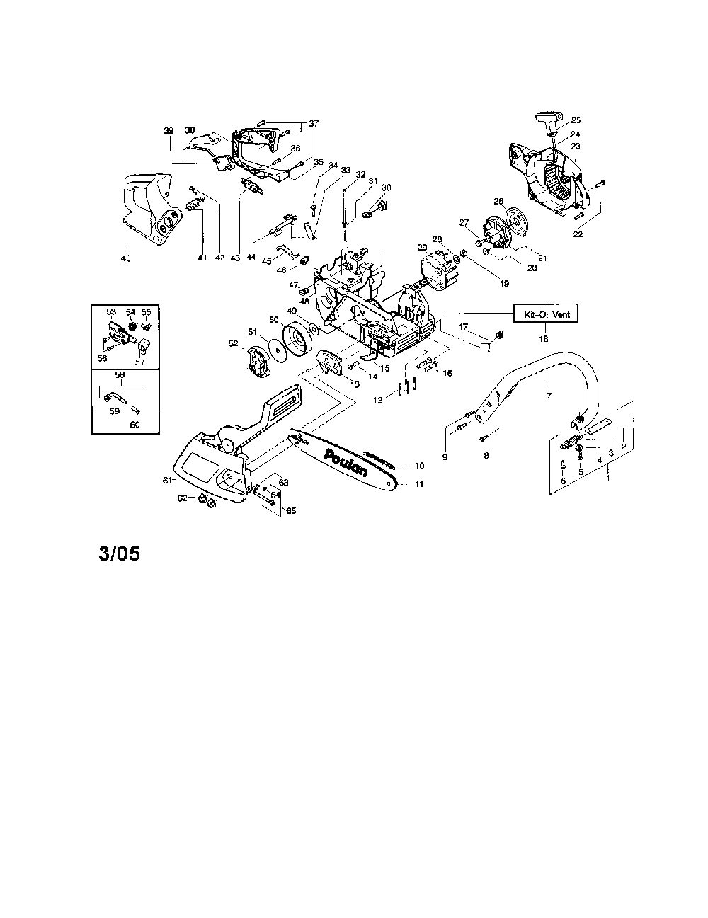 Chassis/bar/handle/chain Diagram and Parts List for TITANIUM  Poulan Chainsaw