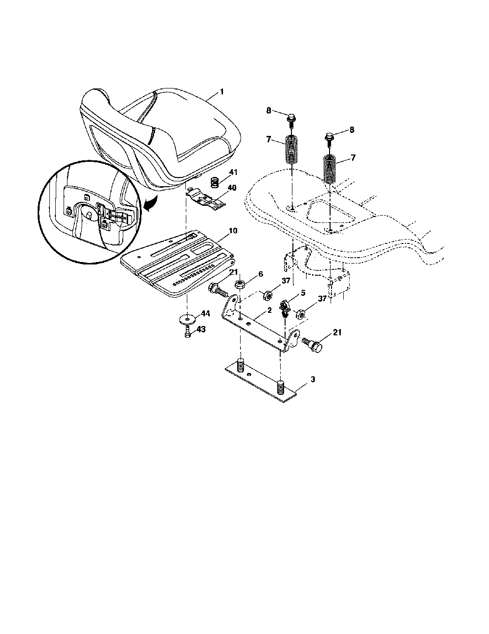 Seat assembly Diagram and Parts List for 96042001700  Poulan Lawn Tractor