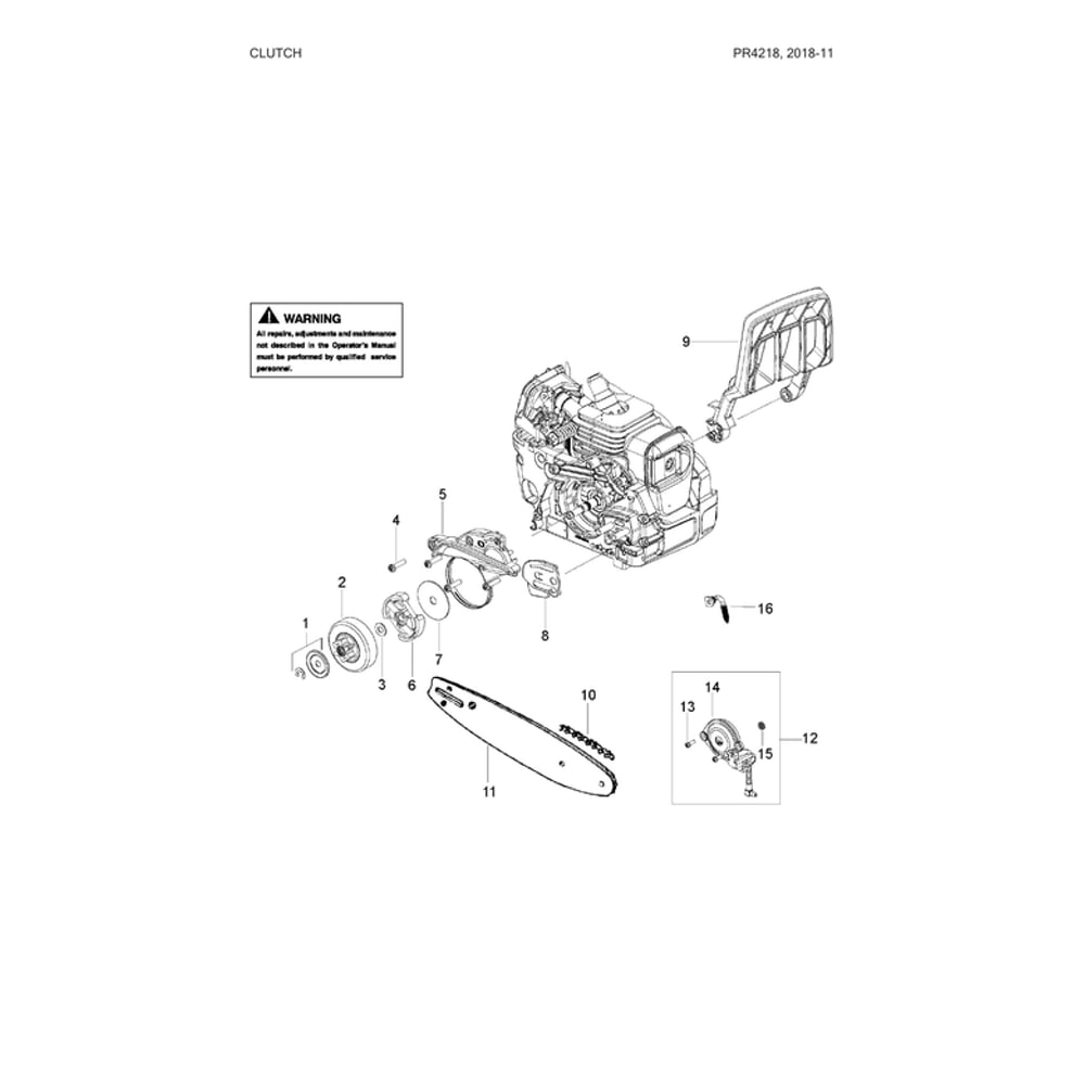 Clutch Parts Diagram and Parts List for PR4218-967063801  Poulan Chainsaw