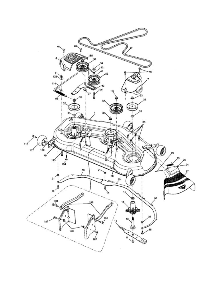 Mower Deck Diagram and Parts List for 96042000701  Poulan Lawn Tractor