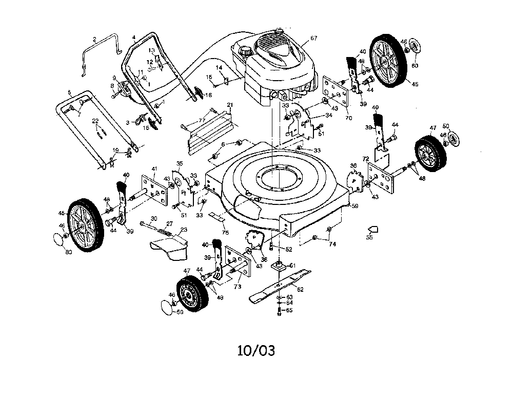 Engine/housing/handle/wheel Diagram and Parts List for PR65N22SHA  Poulan Lawn Mower