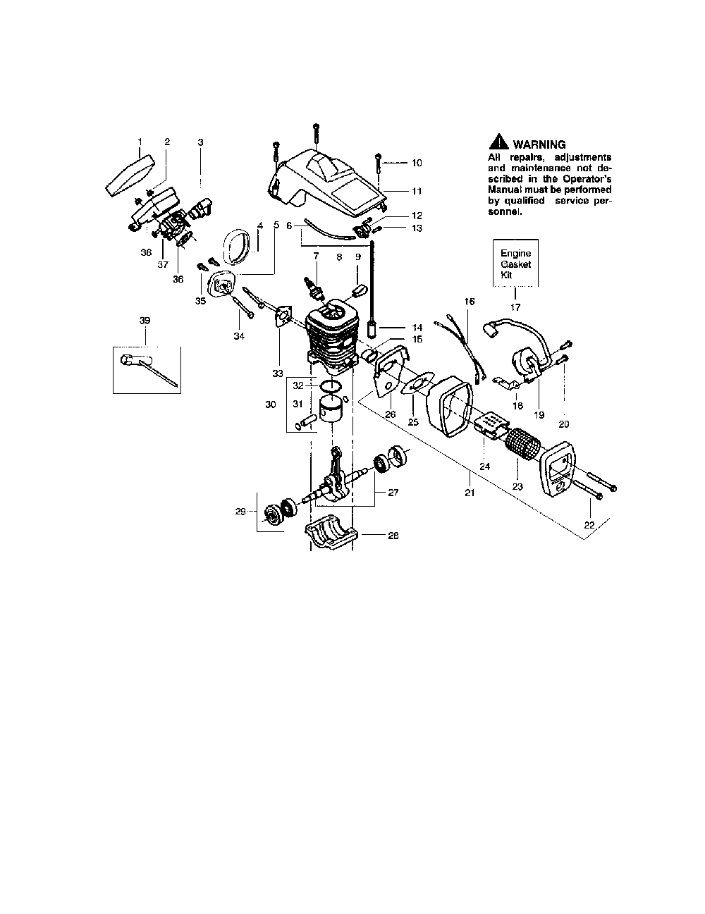 Cylinder/crankshaft/crankcase Diagram and Parts List for S1838  Poulan Chainsaw