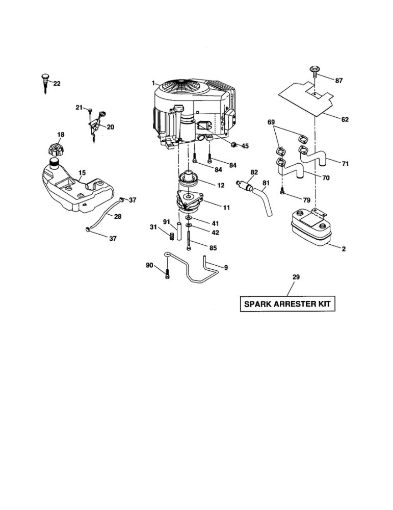 Enigne Diagram and Parts List for 96042000701  Poulan Lawn Tractor