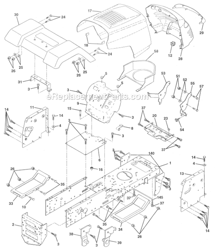 Chassis And Enclosures Diagram and Parts List for HD145H42F  Poulan Lawn Tractor