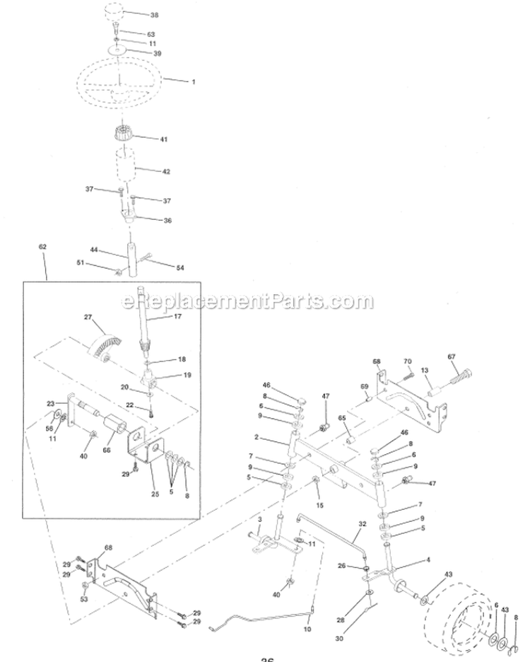 Steering Assembly Diagram and Parts List for HD145H42F  Poulan Lawn Tractor