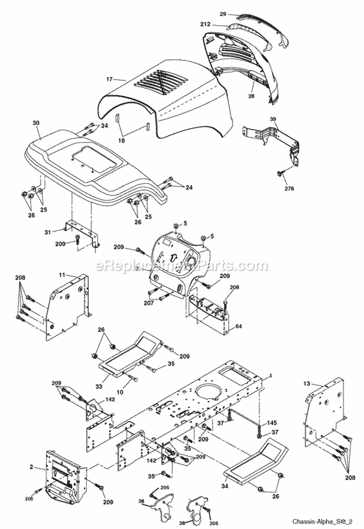 Chassis Diagram and Parts List for PB1638LT 2006-05 Poulan Lawn Tractor