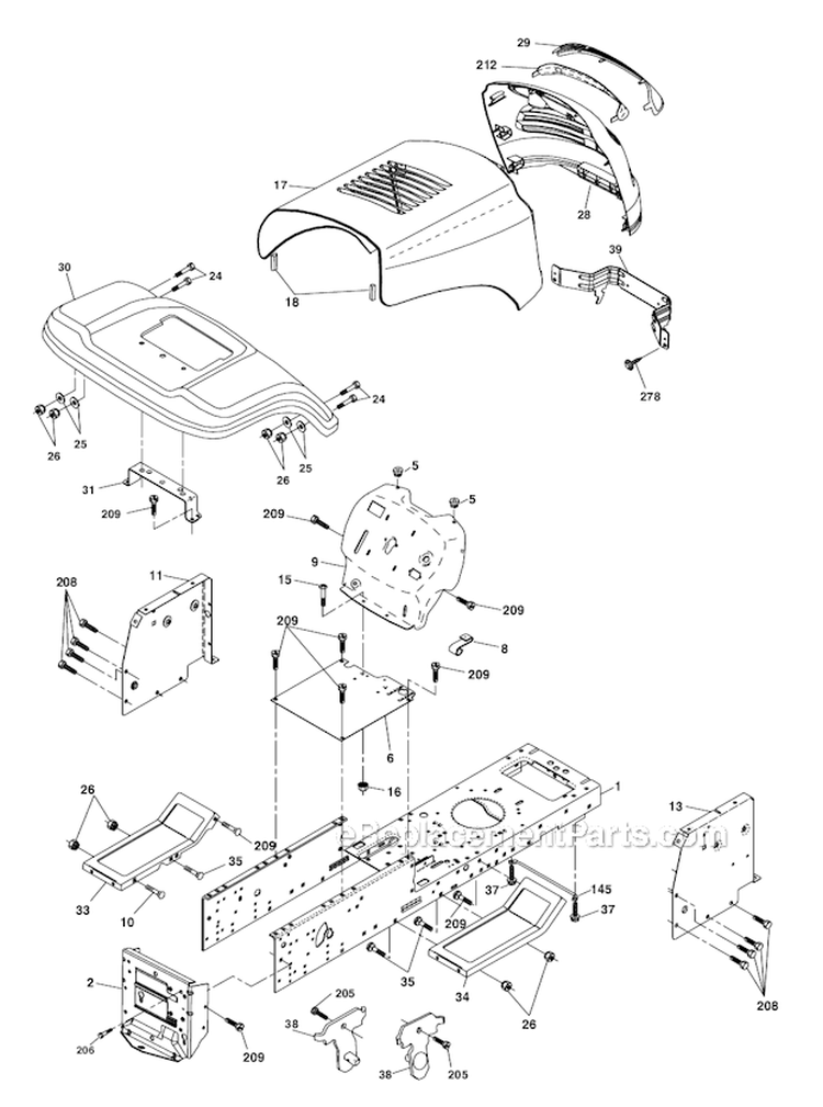Chassis Diagram and Parts List for PB1842LT 96012004500 Poulan Lawn Tractor