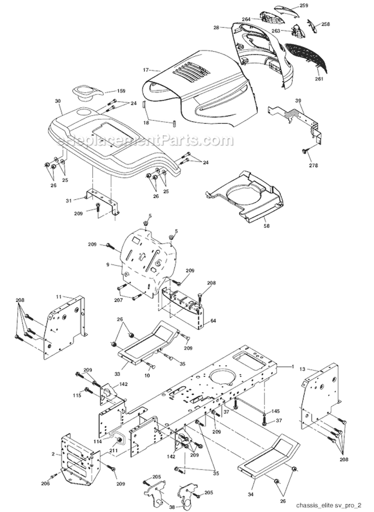 Chassis  Enclosures Diagram and Parts List for PB18542LT 96012000301 Poulan Lawn Tractor