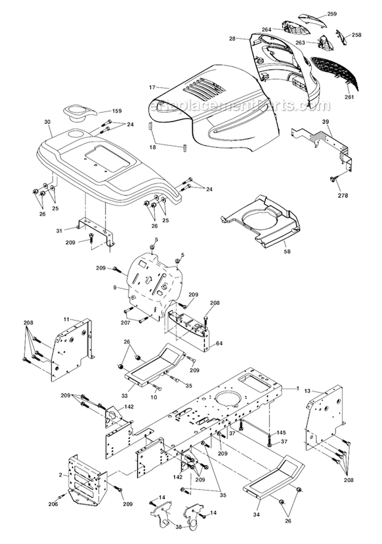 Chassis Diagram and Parts List for PB185H42LT  Poulan Lawn Tractor