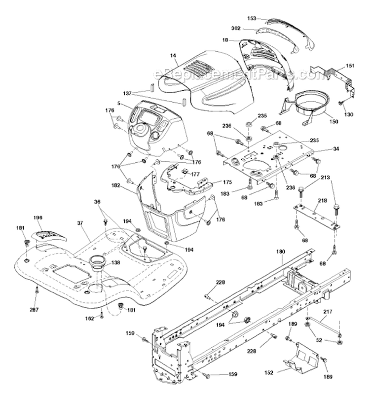 Chassis Enclosures Diagram and Parts List for PB195H42LT 2011-07 - 96042012303 Poulan Lawn Tractor