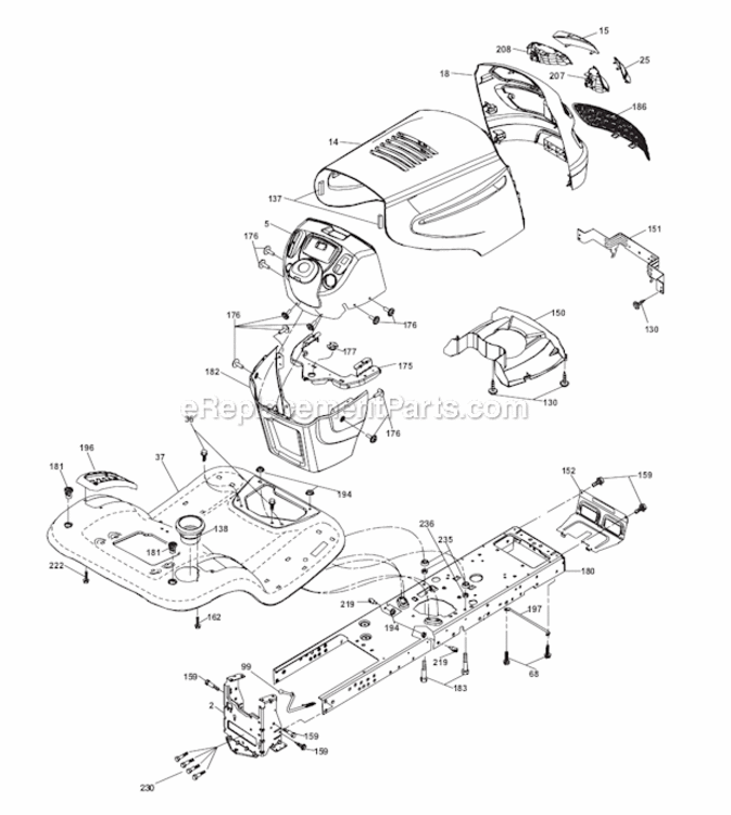 Chassis Diagram and Parts List for PB195H42LT 96042003600 Poulan Lawn Tractor