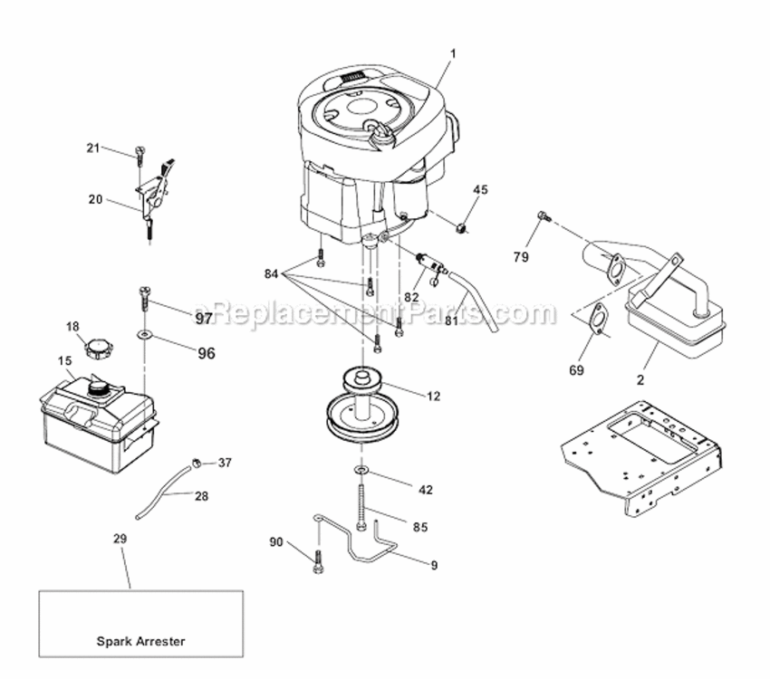 Engine Diagram and Parts List for PB195H42LT 96042003600 Poulan Lawn Tractor