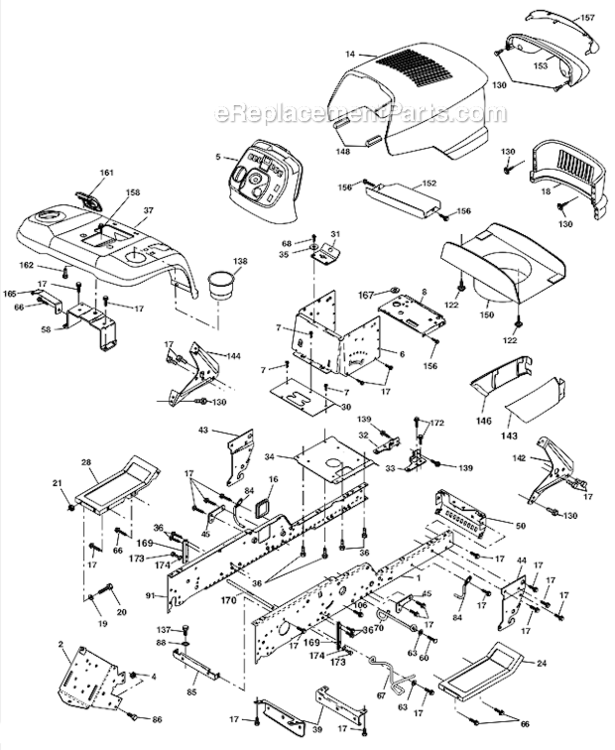 Chassis Diagram and Parts List for PBGT2254 96022000201 Poulan Lawn Tractor