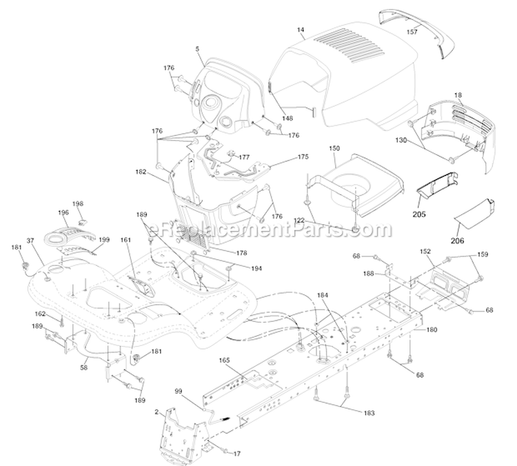 Chassis Diagram and Parts List for PBGT22H54 2006-01 Poulan Lawn Tractor