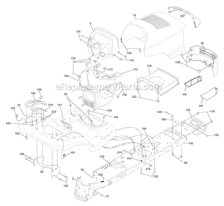 Chassis Diagram and Parts List for PBGT22H54 2006-02 Poulan Lawn Tractor