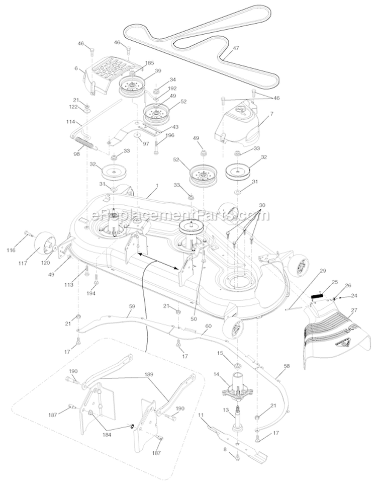 Mower Deck Diagram and Parts List for PBGT22H54 2006-02 Poulan Lawn Tractor