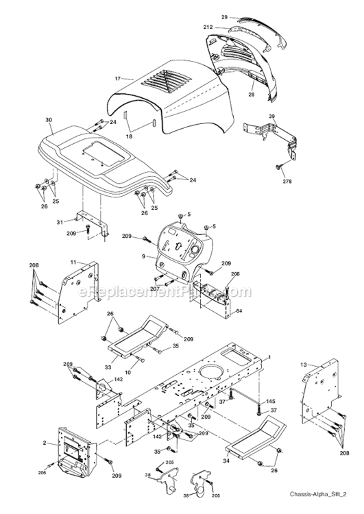 Chassis Diagram and Parts List for PD15538LT  Poulan Lawn Tractor