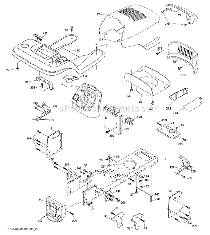 Chassis Diagram and Parts List for PK20H42YT 96012000700 Poulan Lawn Tractor