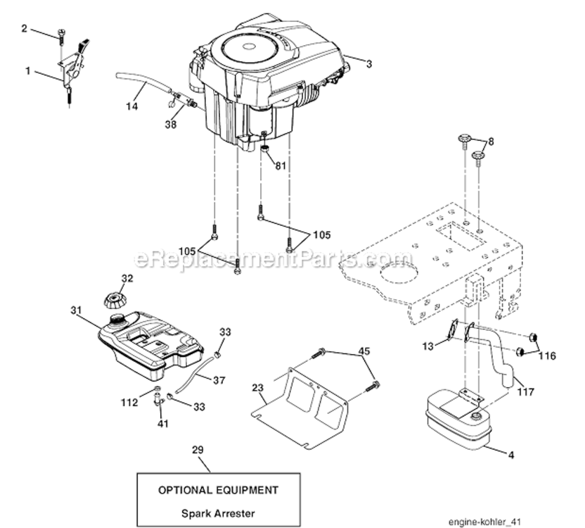Engine Diagram and Parts List for PK20H42YT 96012000700 Poulan Lawn Tractor
