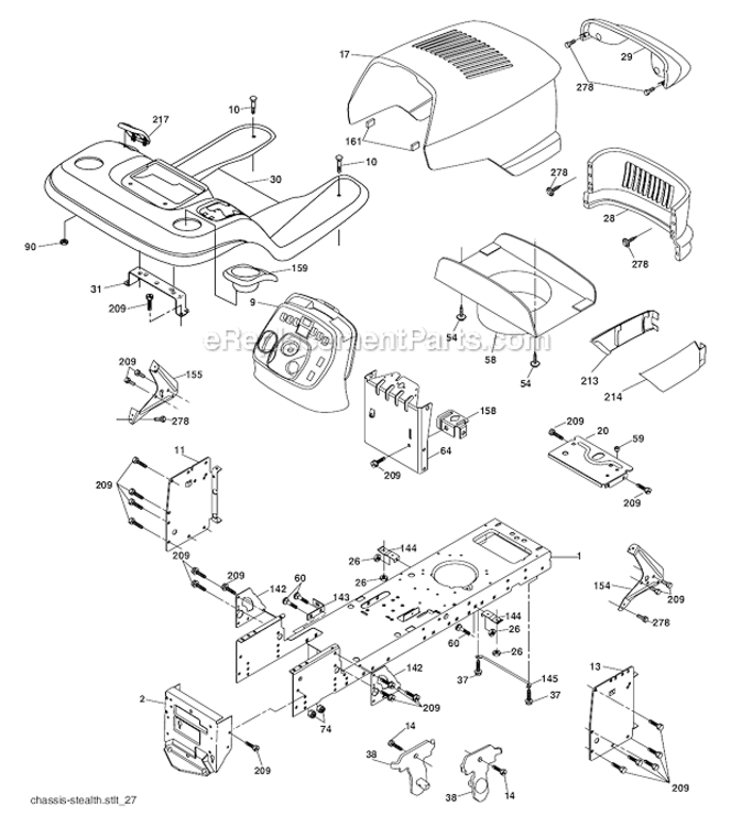 Chassis Diagram and Parts List for PK20H42YT 96017000200 Poulan Lawn Tractor