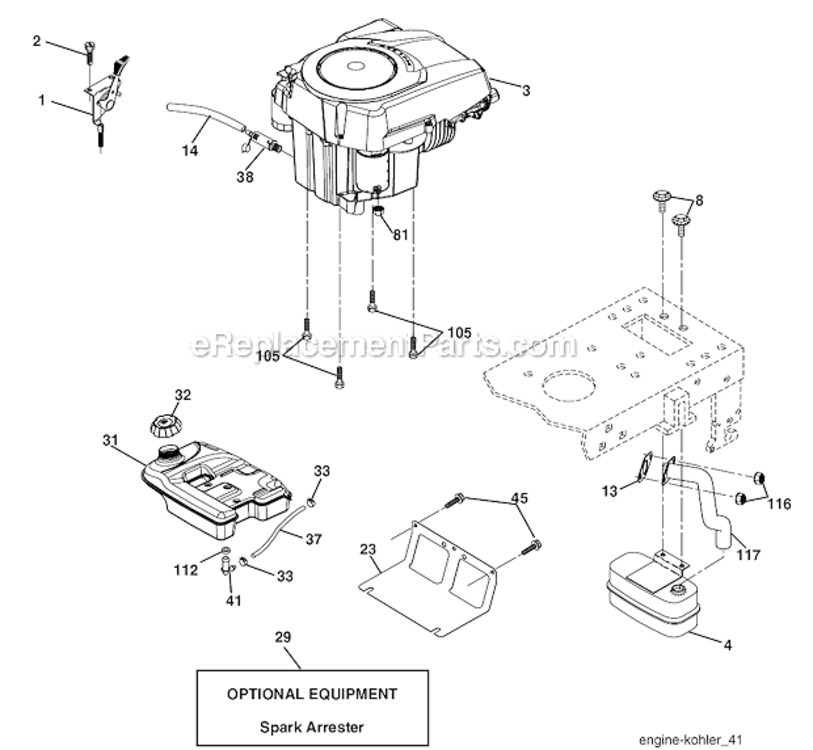 Engine Diagram and Parts List for PK20H42YT 96017000200 Poulan Lawn Tractor