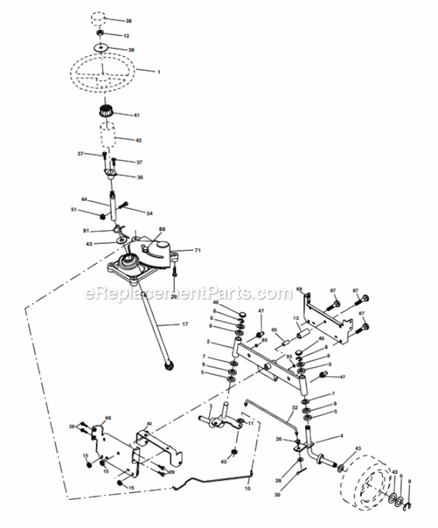 Steering Diagram and Parts List for PO1538D  Poulan Lawn Tractor