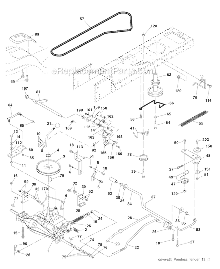 Drive Diagram and Parts List for PO15538LT 96018000501 Poulan Lawn Tractor