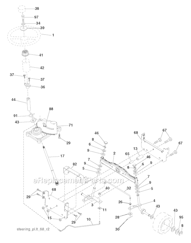 Steering Diagram and Parts List for PO15538LT 96018000501 Poulan Lawn Tractor