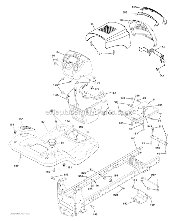 ChassisFrame Diagram and Parts List for PO15542LT  Poulan Lawn Tractor