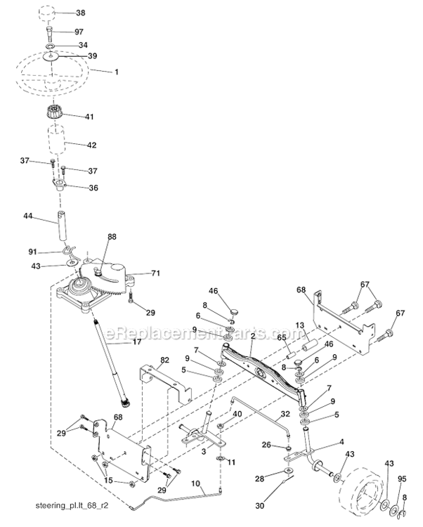 Steering Diagram and Parts List for PO16542LT 96012008900 Poulan Lawn Tractor