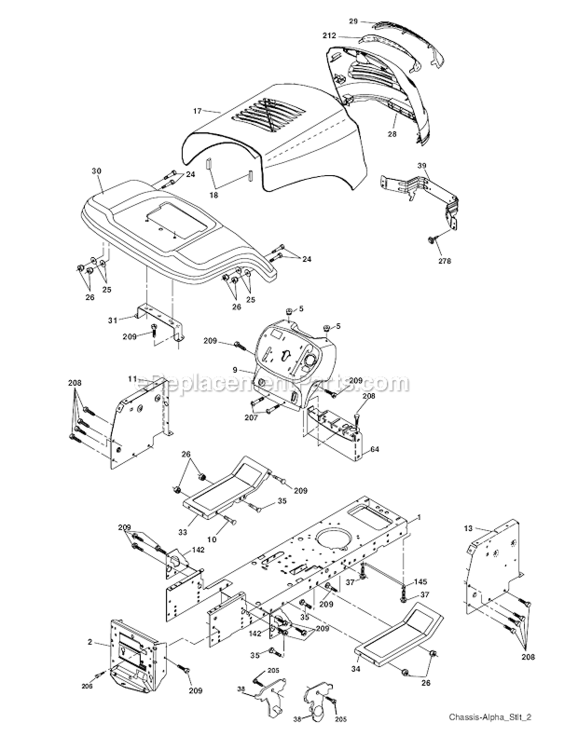 Chassis Diagram and Parts List for PO17542LT 96012006900 Poulan Lawn Tractor