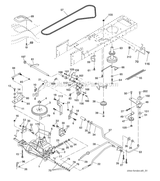 Drive Diagram and Parts List for PO17542LT 96012006900 Poulan Lawn Tractor