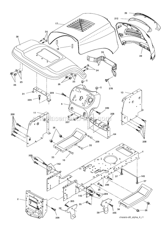 Chassis Diagram and Parts List for PO18542LT  Poulan Lawn Tractor