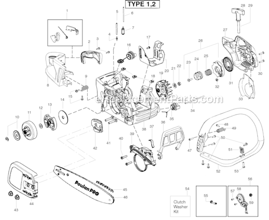 Starter Diagram and Parts List for PP4218AV Type 1 Poulan Chainsaw