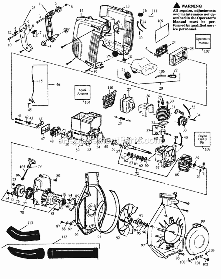 Blower Assembly Diagram and Parts List for PP432  Poulan Leaf Blower / Vacuum