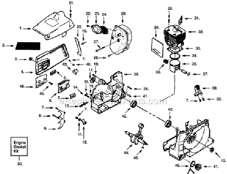 Internal Power Unit Diagram and Parts List for PP475  Poulan Chainsaw