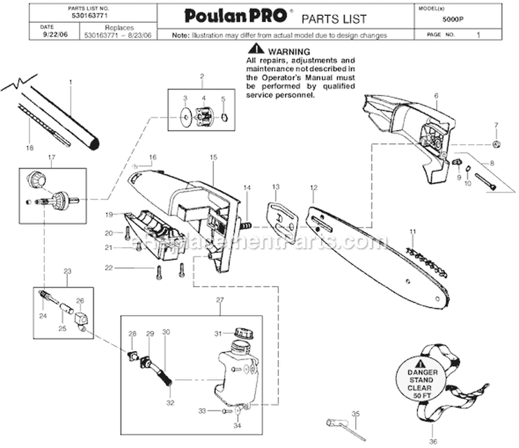 Page A Diagram and Parts List for PP5000P  Poulan Edger