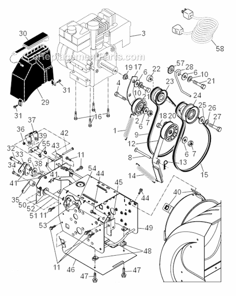 Chassis  Engine  Pulleys Diagram and Parts List for PP5524ES  Poulan Snow Blower
