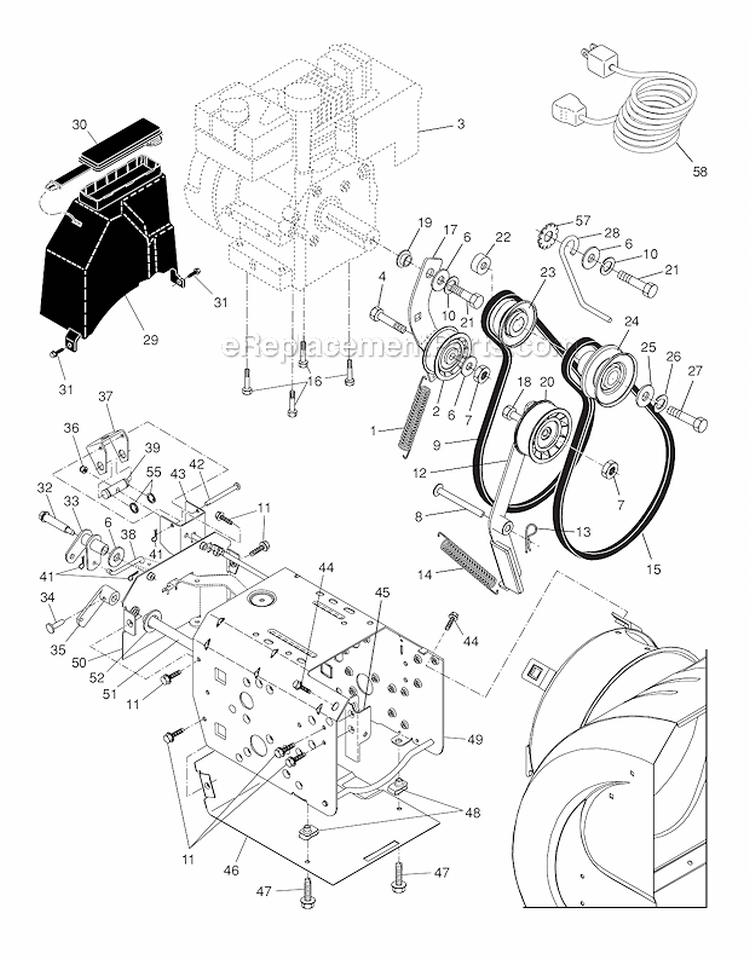 Chassis__Engine__Pulleys Diagram and Parts List for PP8527ES  Poulan Snow Blower